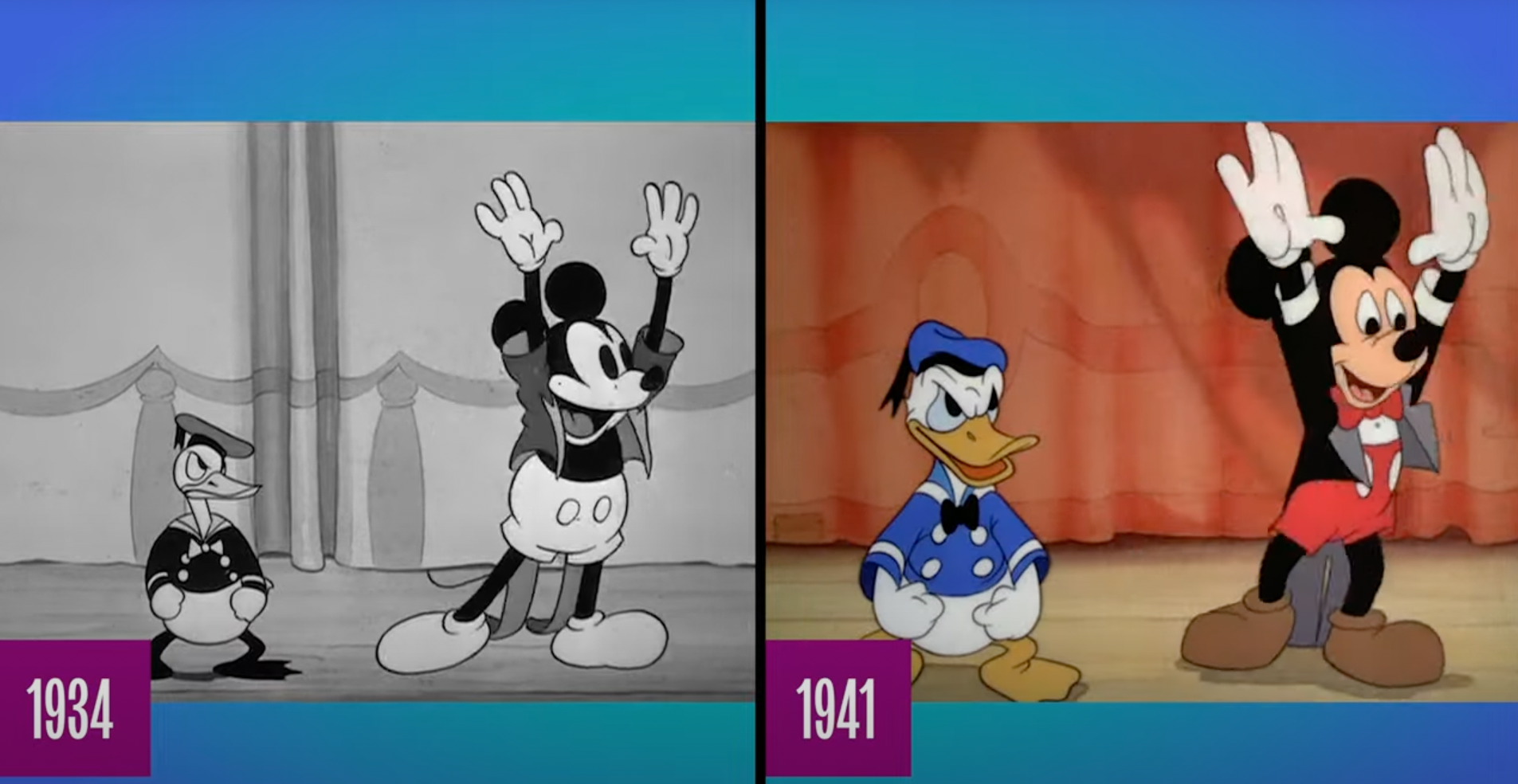 Mickey gestures excitedly beside Donald, showcasing changes successful animation style