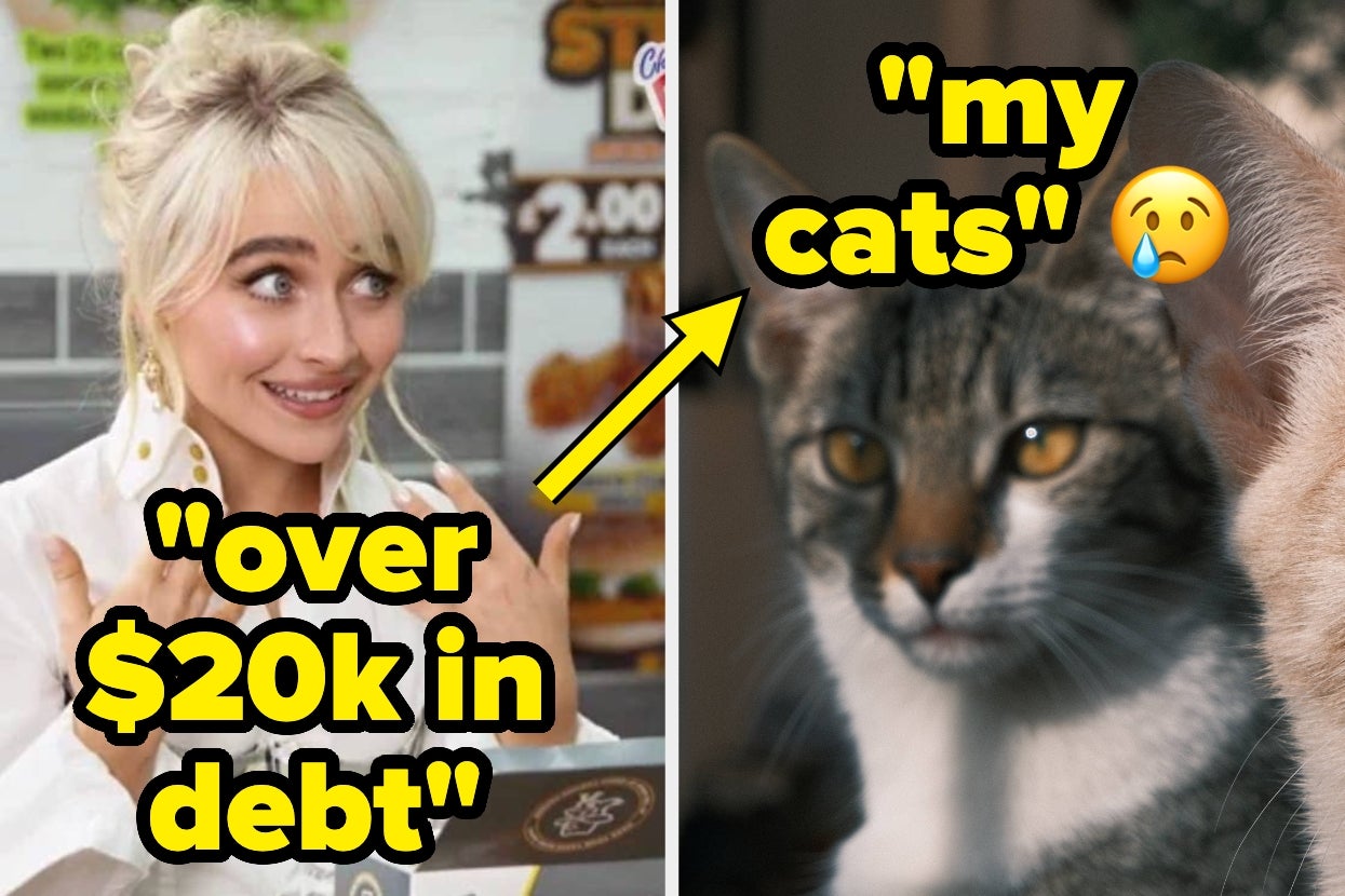 A woman holds her face with a surprised expression, next to an image of a cat with text implying frustration with cats causing debt