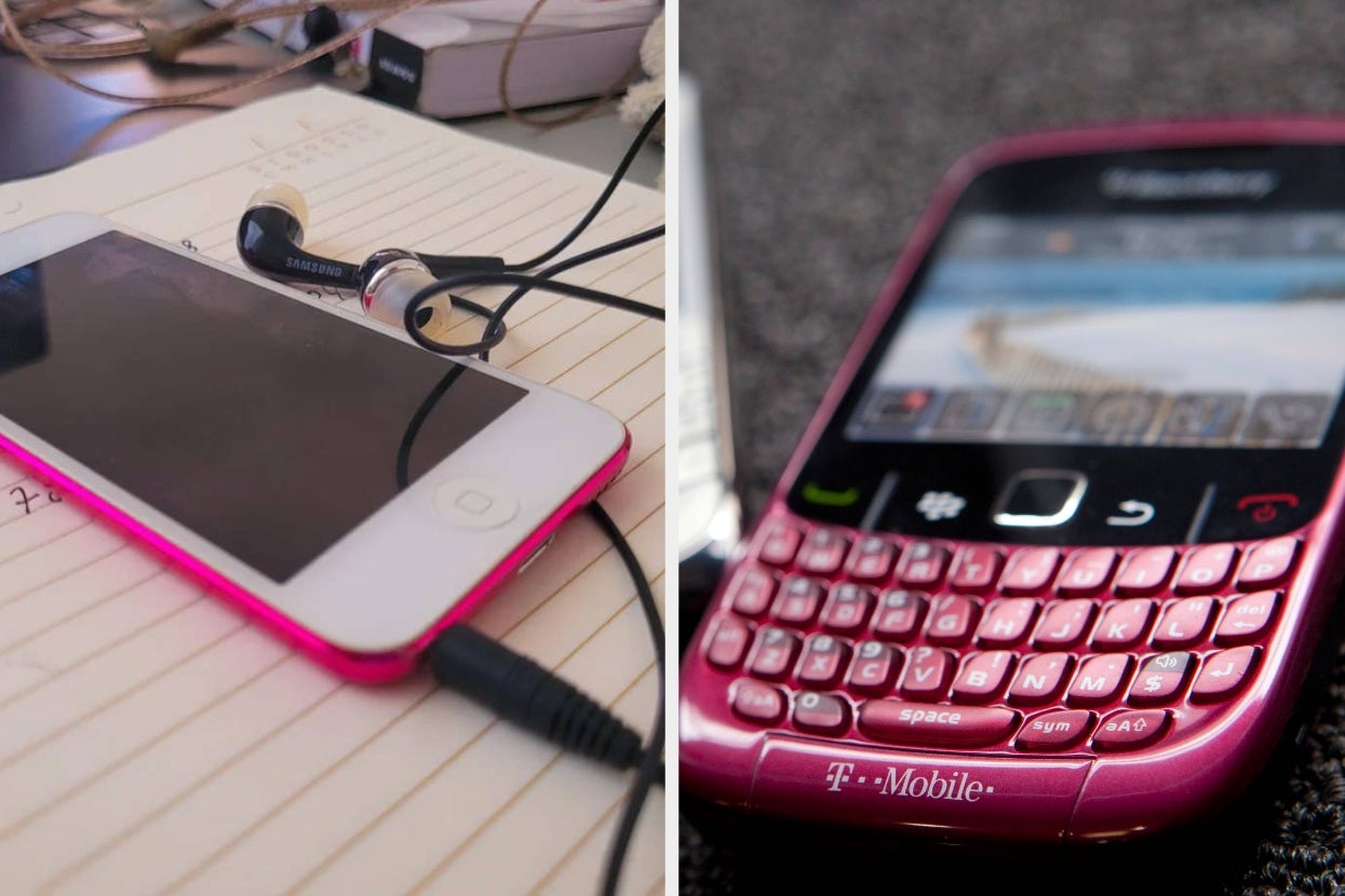 Left: A smartphone with earphones on a notebook. Right: A T-Mobile branded Blackberry with a physical keyboard on a textured surface