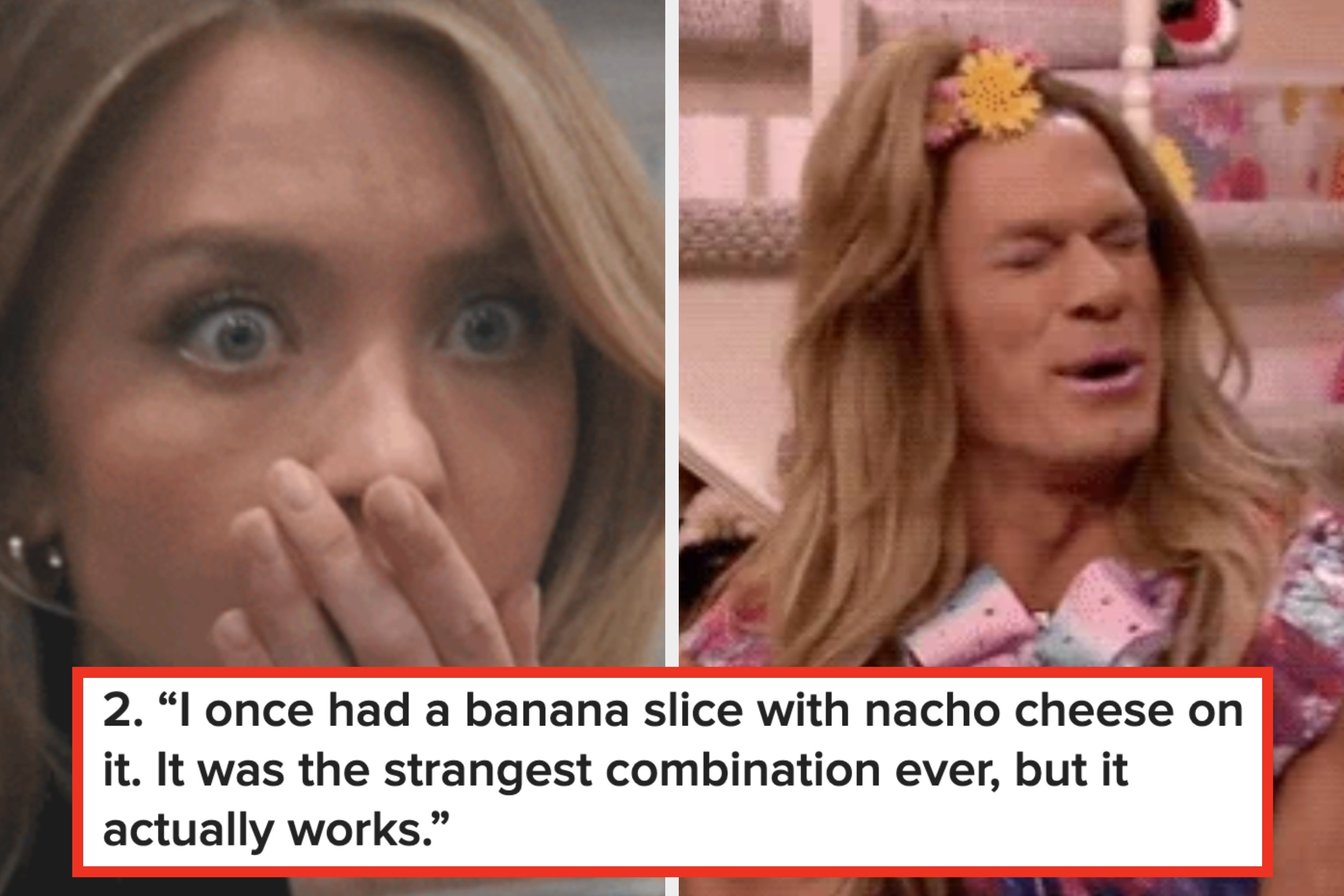 Two shocked individuals reacting to a text about trying banana with nacho cheese, a surprisingly successful combination
