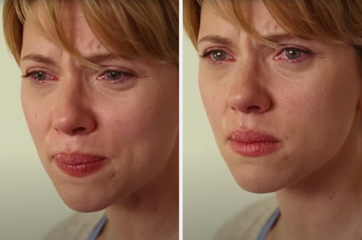 Person with short hair appears emotional in close-up, showing tears and a pensive expression