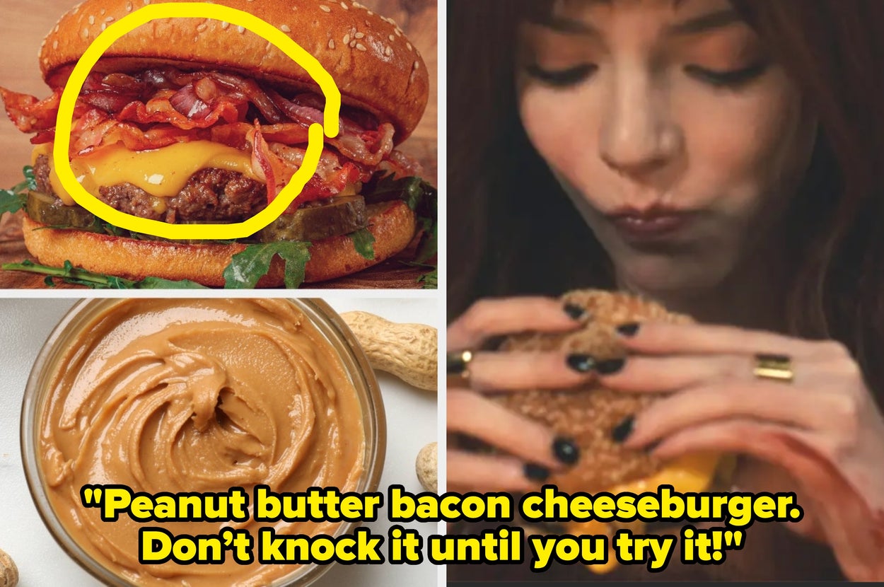 A person eats a peanut butter bacon cheeseburger. Text reads, "Peanut butter bacon cheeseburger. Don’t knock it until you try it!"