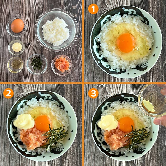 卵かけご飯の作り方。卵、マヨネーズ、明太子、海苔を混ぜ、調味料を加える3ステップ。