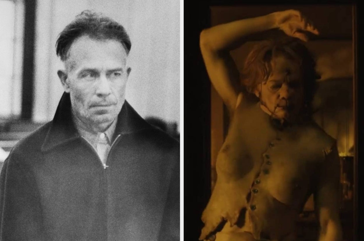 Split image: Left shows a historical photo of a man wearing a dark coat. Right depicts a movie scene with an actor dressed as a character in a horror setting