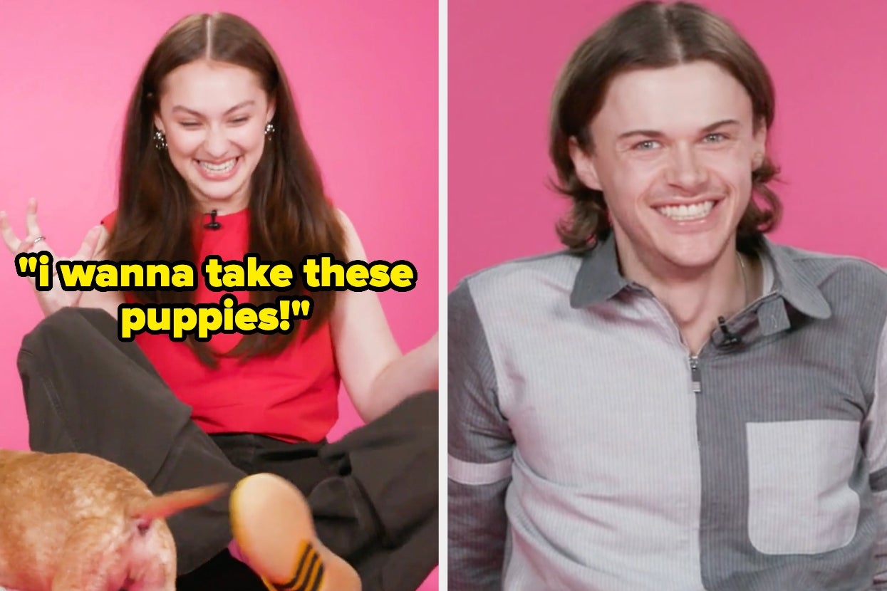 Lola Tung smiling and saying, "I wanna take these puppies" and Christopher Briney smiling