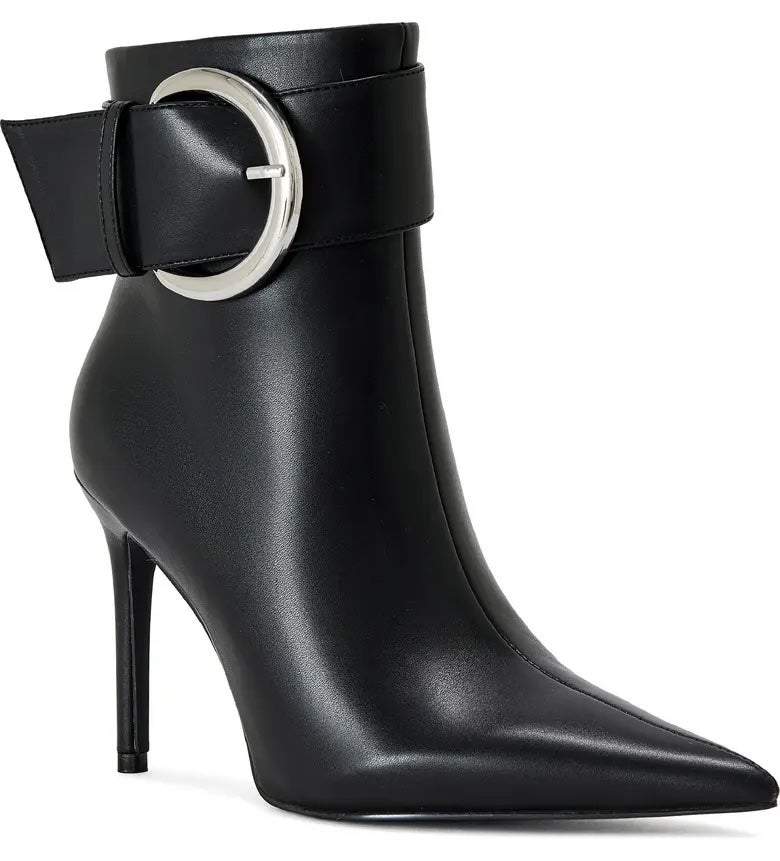 Black pointed-toe ankle boot with a high stiletto heel and large silver buckle detail