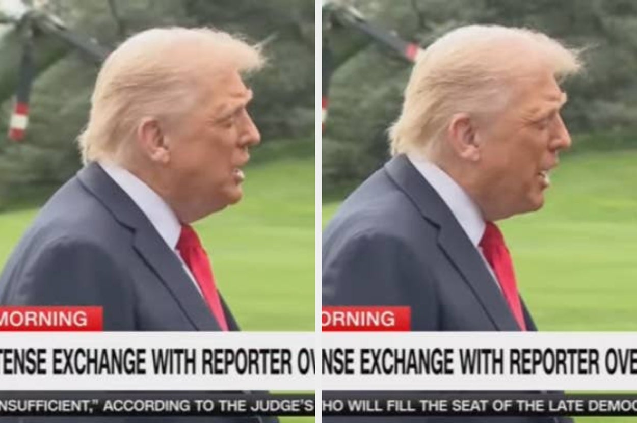 Donald Trump speaking to a reporter outdoors, shown from the side, wearing a suit and red tie. Caption mentions an "intense exchange."