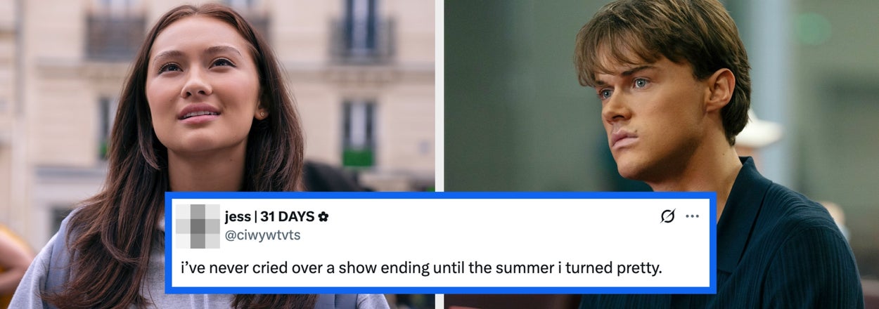 Split image: Smiling woman on left, serious man on right. Below, a tweet reads, "I've never cried over a show ending until 'The Summer I Turned Pretty'."