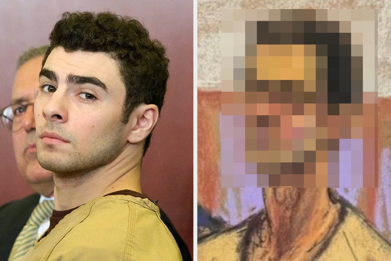 A person in a courtroom setting on the left, with a pixelated image of another individual on the right