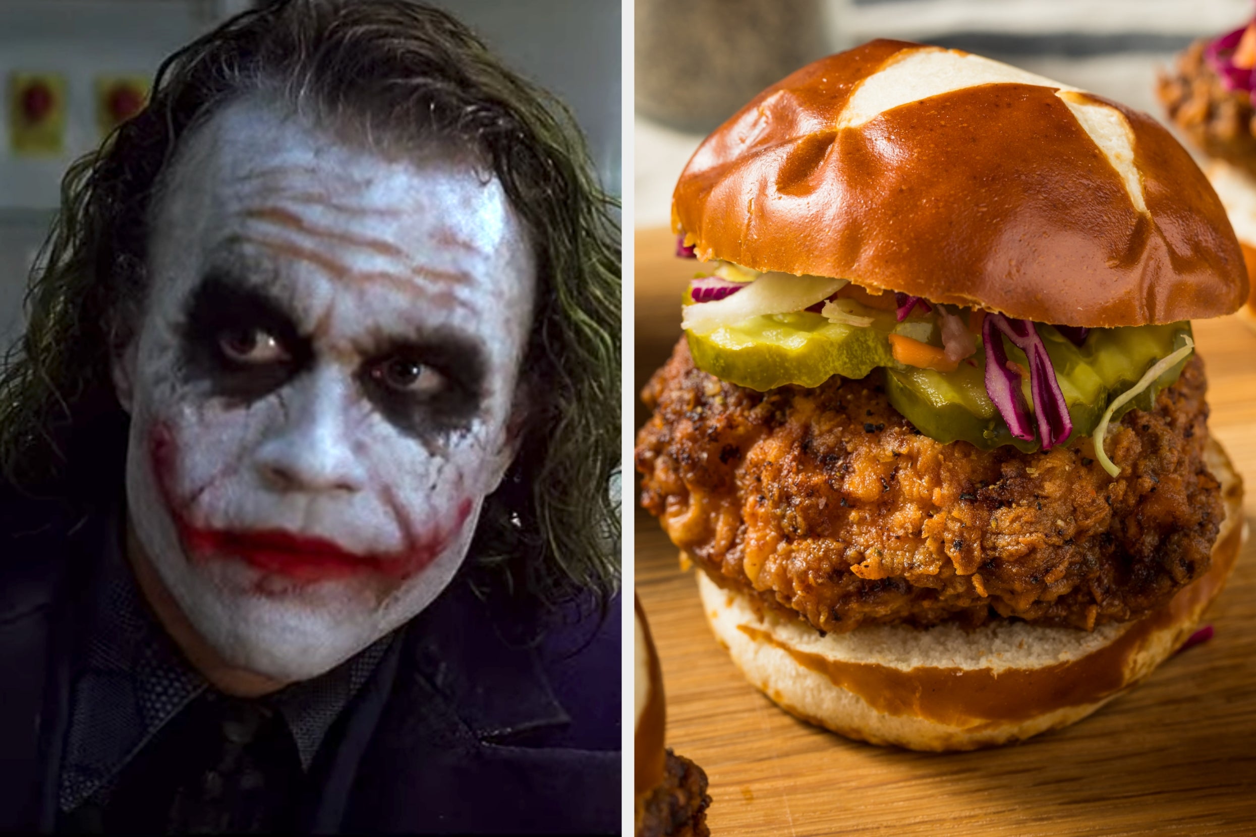On the left, Heath Ledger as the Joker in The Dark Knight, and on the right, a fried chicken sandwich with pickles and coleslaw on a pretzel bun