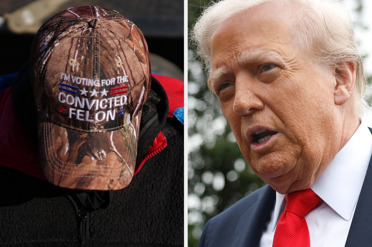 On the left, a hat reads "I'm voting for the convicted felon." On the right, a person in a suit speaks, looking concerned