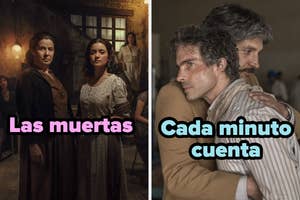 A la izquierda, dos mujeres en vestido antiguo. A la derecha, dos hombres abrazados. Texto: "Las muertas" y "Cada minuto cuenta"