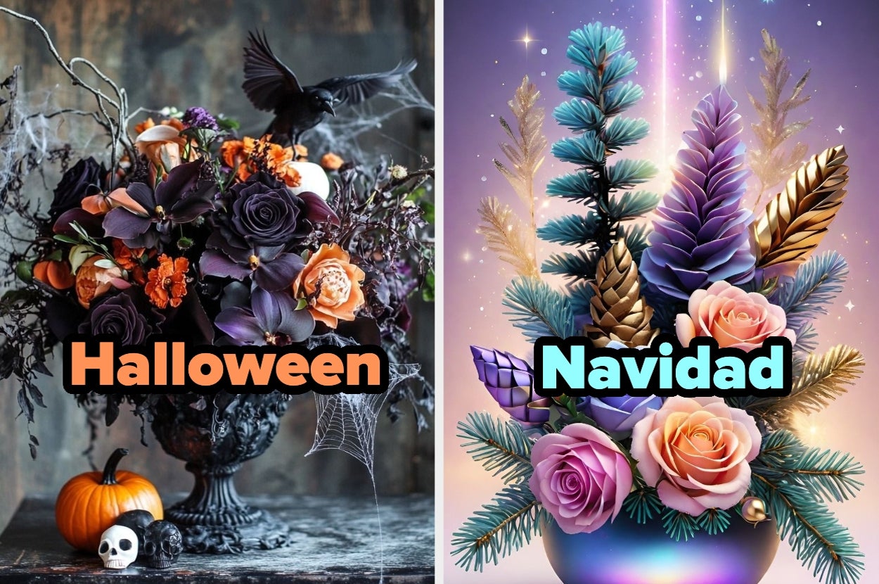 Dos arreglos florales: uno con temática de Halloween con calabaza y telarañas, y otro decorado para Navidad con adornos brillantes
