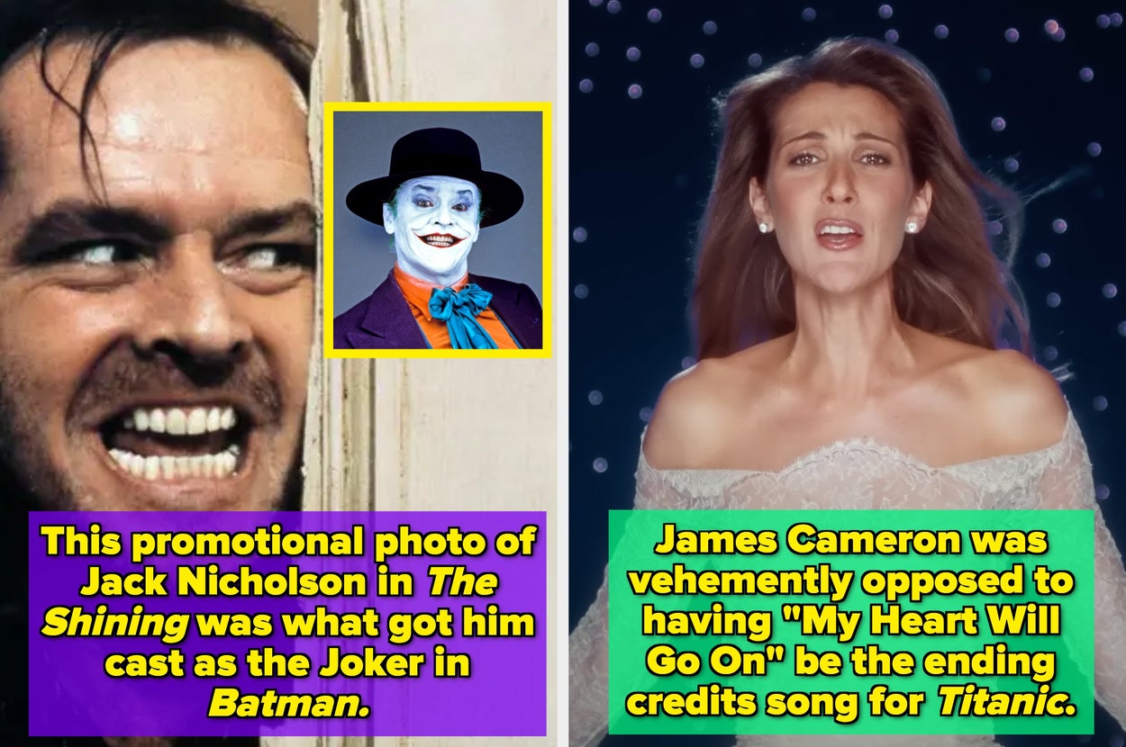 Split image: Left shows Jack Nicholson as the Joker; right shows a woman singing. Text mentions Nicholson’s casting and song selection for "Titanic."
