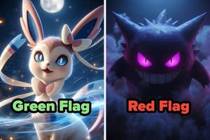 Fantasy scene with a cute creature labeled "Green Flag" and a dark, menacing creature labeled "Red Flag" in a contrasting split