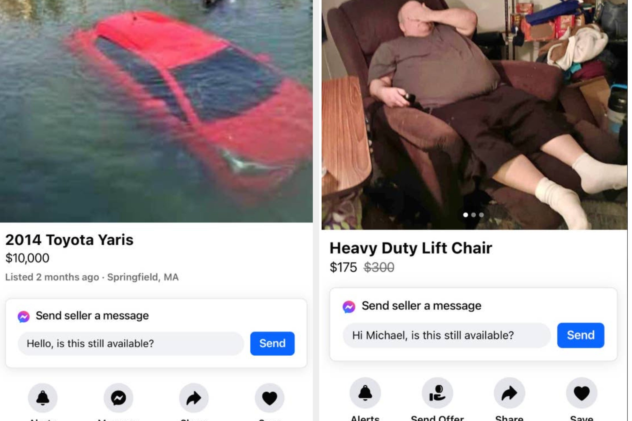 Split image: Left, a red car submerged in water with a listing. Right, a man in a chair with a listing. Both listings have humorous elements