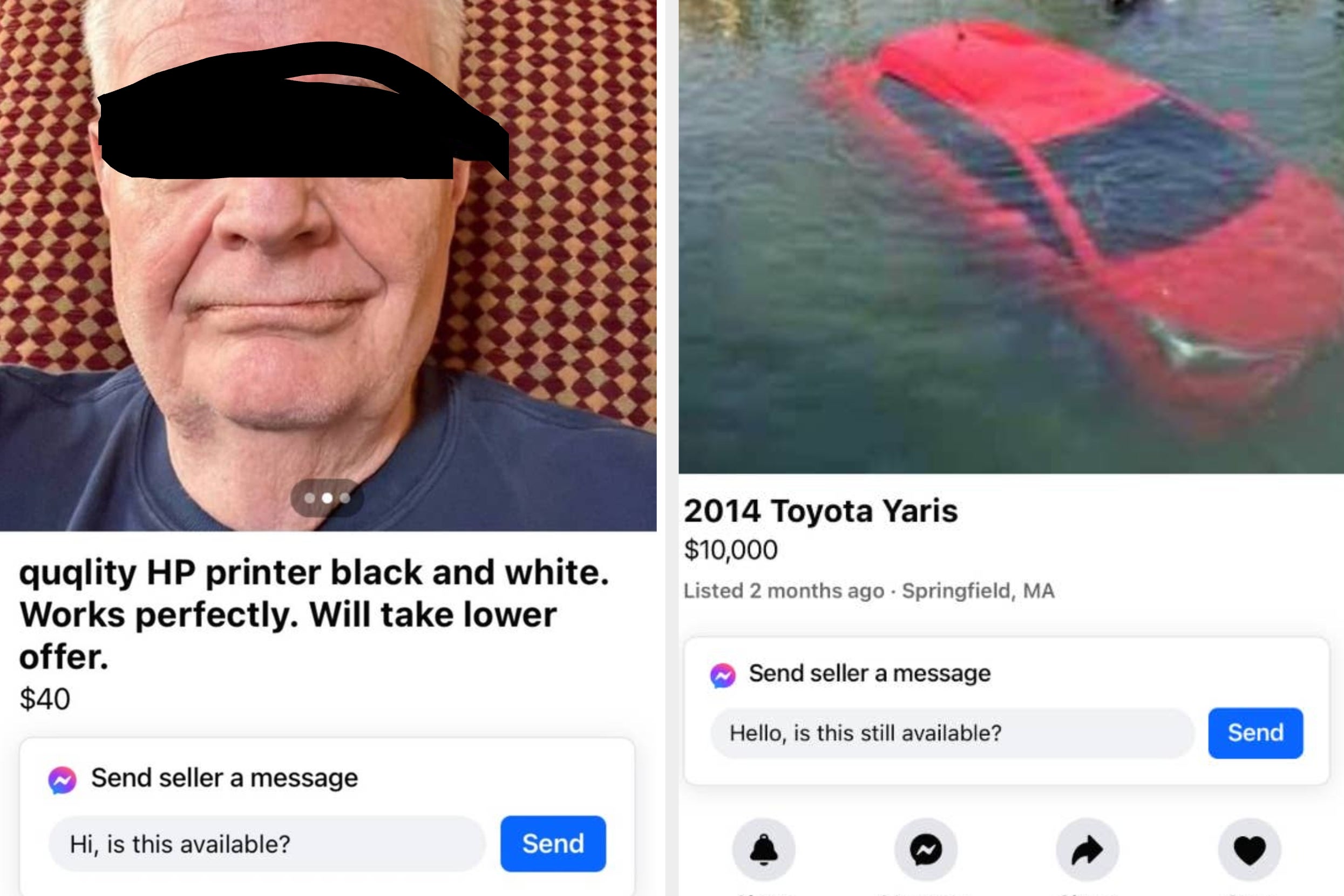 Split image: Left shows older man selling a printer; right shows submerged Toyota Yaris for sale. Listings have humorous text and prices