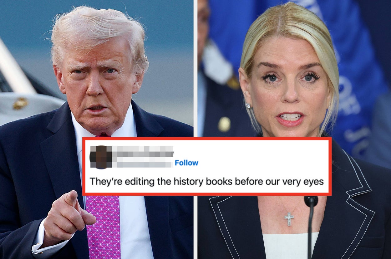 A man and a woman are in separate photos side by side. A tweet overlay reads, "They're editing the history books before our very eyes."