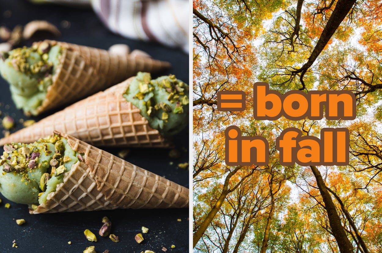 Ice cream cones with pistachios on left; fall trees with text "born in fall" on right