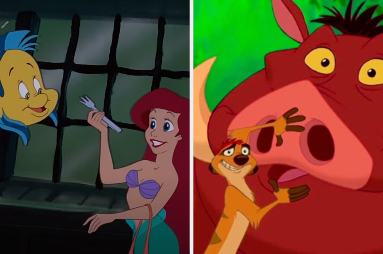 Cartoon characters from "The Little Mermaid" and "The Lion King," including a mermaid with a fork and meerkat hugging a warthog