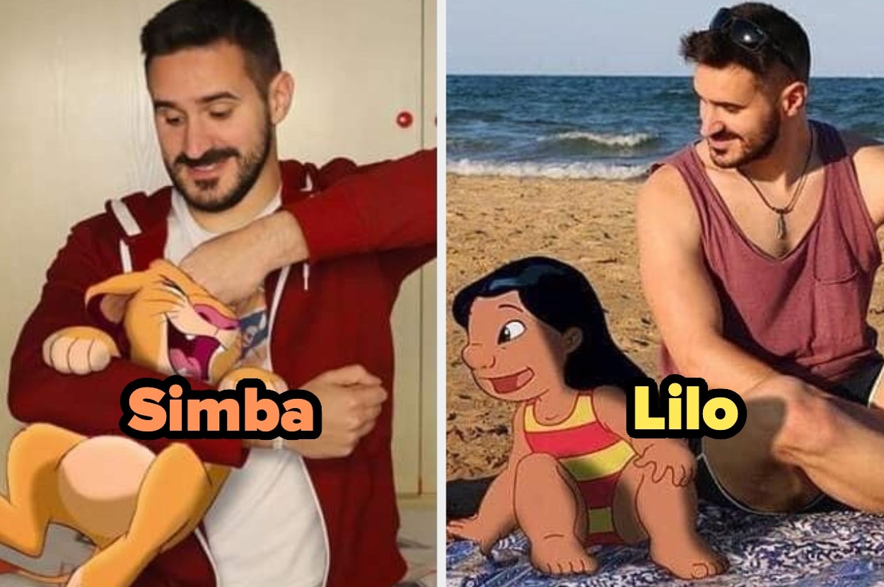 Hombre interactuando con personajes animados: Simba en su brazo y Lilo en la playa