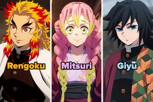 Tres personajes de anime: uno con cabello rojo y amarillo, otro con trenzas rosa, y el tercero con cabello negro y ropa con patrones geométricos