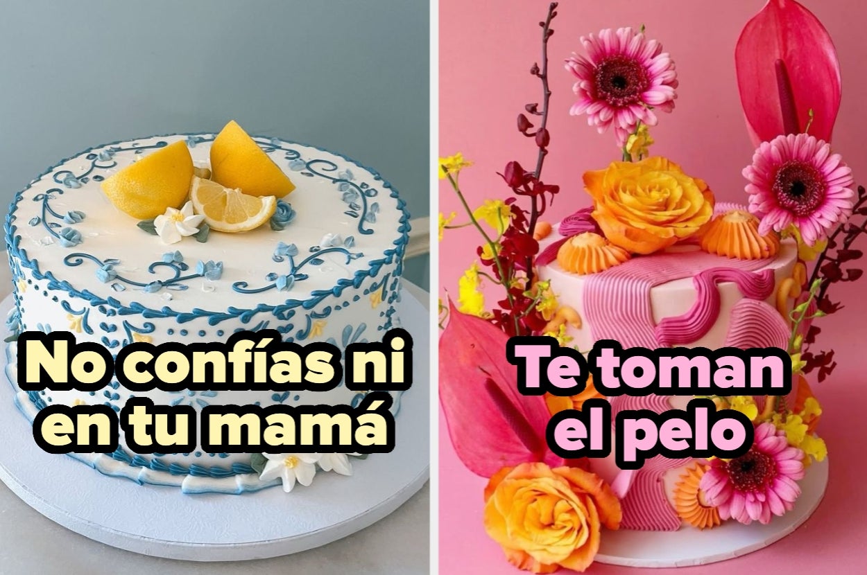 Dos pasteles decorados con mensajes humorísticos: "No confías ni en tu mamá" y "Te toman el pelo"