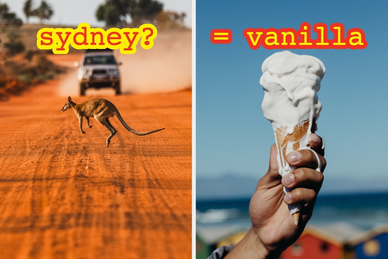 On the left, a kangaroo hops on a dirt road with a car behind. On the right, a hand holds a melting ice cream cone by the sea. Text asks if "Sydney?" equals "vanilla."