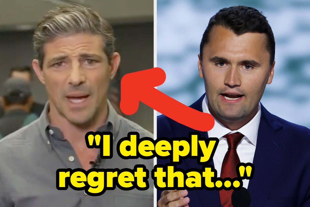 Two men are side by side; one speaks, while the other is in a suit. A red arrow points to text: "I deeply regret that..."