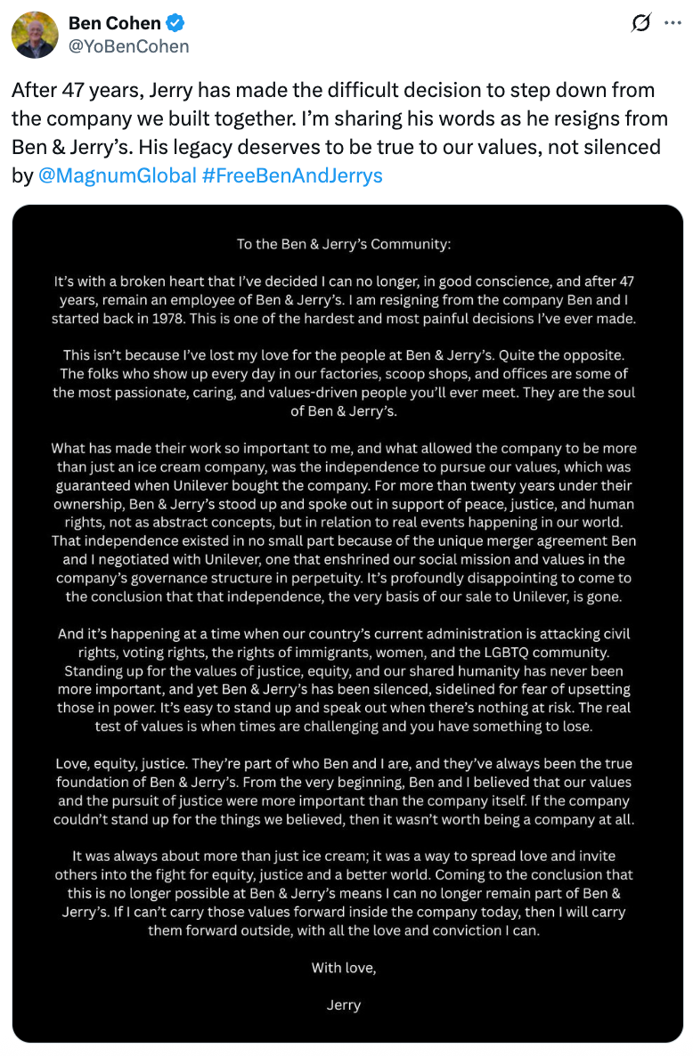 Summary of text: Ben Cohen shares that Jerry has decided to step down from Ben &amp;amp; Jerry's after 47 years due to a change in company values, emphasizing integrity