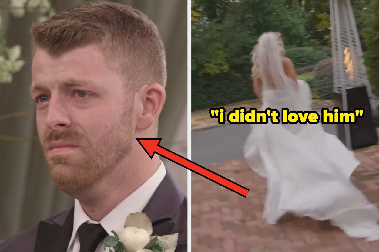 A groom looking emotional, and a bride in a wedding gown running away. Caption reads, "I didn't love him."