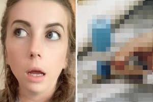 Person with surprised expression next to a pixelated image, origin unclear