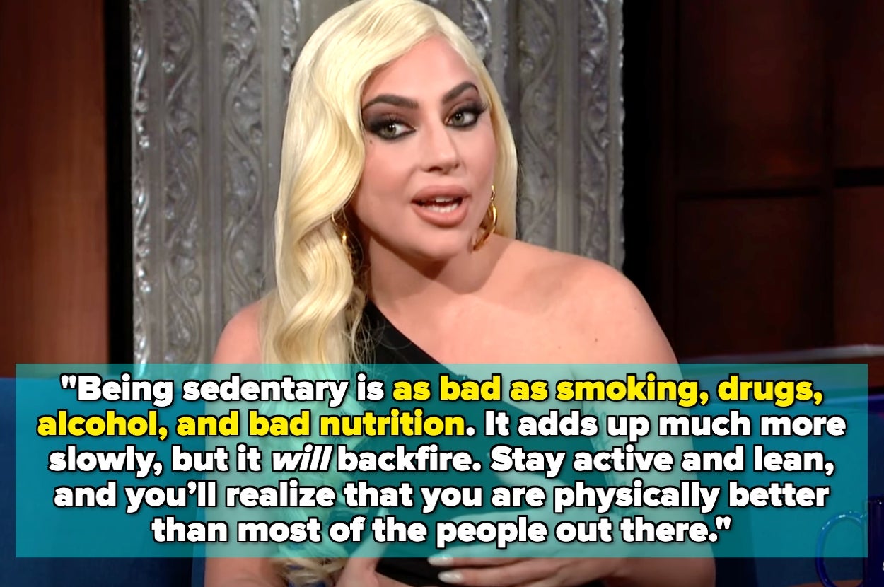 Woman speaking passionately on a talk show, with a quote about the risks of a sedentary lifestyle compared to smoking and poor nutrition