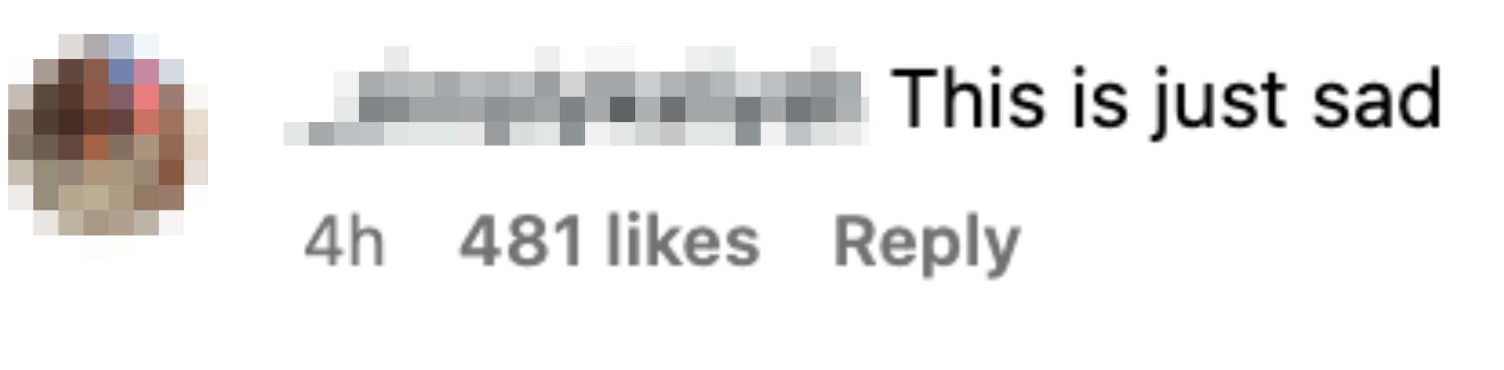 Comment on social media post: "_simplykaliyah: This is just sad," with 481 likes and a reply option