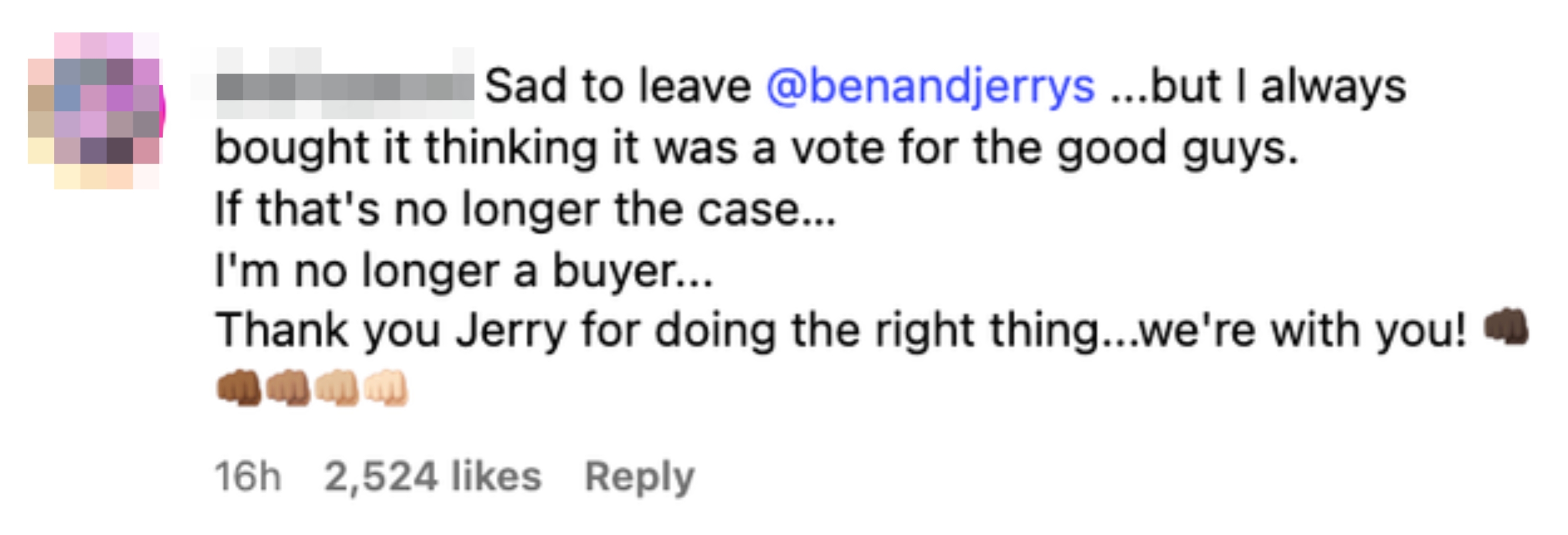 Comment criticizing Ben &amp;amp; Jerry's, expressing disappointment and solidarity with Jerry for doing the right thing, supported by clapping emojis