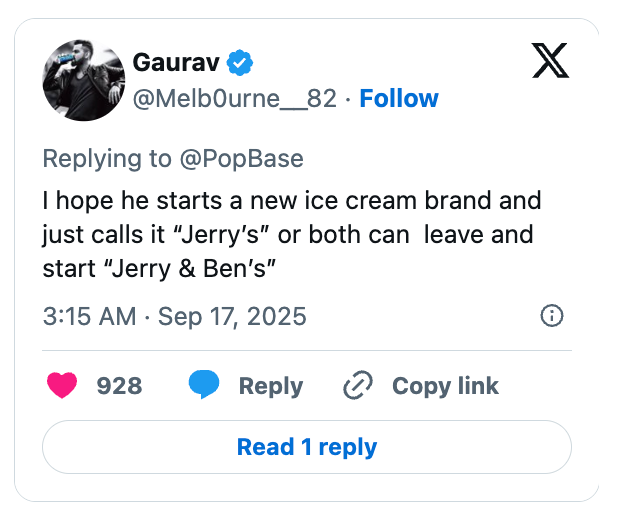 Tweet suggesting a new ice cream brand called "Jerry's" or both leaving to start "Jerry &amp;amp; Ben's."