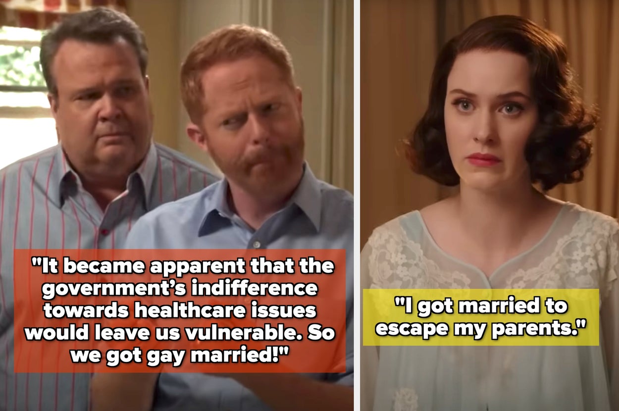 Two photos: Left, smiling seniors holding flowers; text discusses indifference to healthcare and getting gay married. Right, wedding photo; text about escaping parents