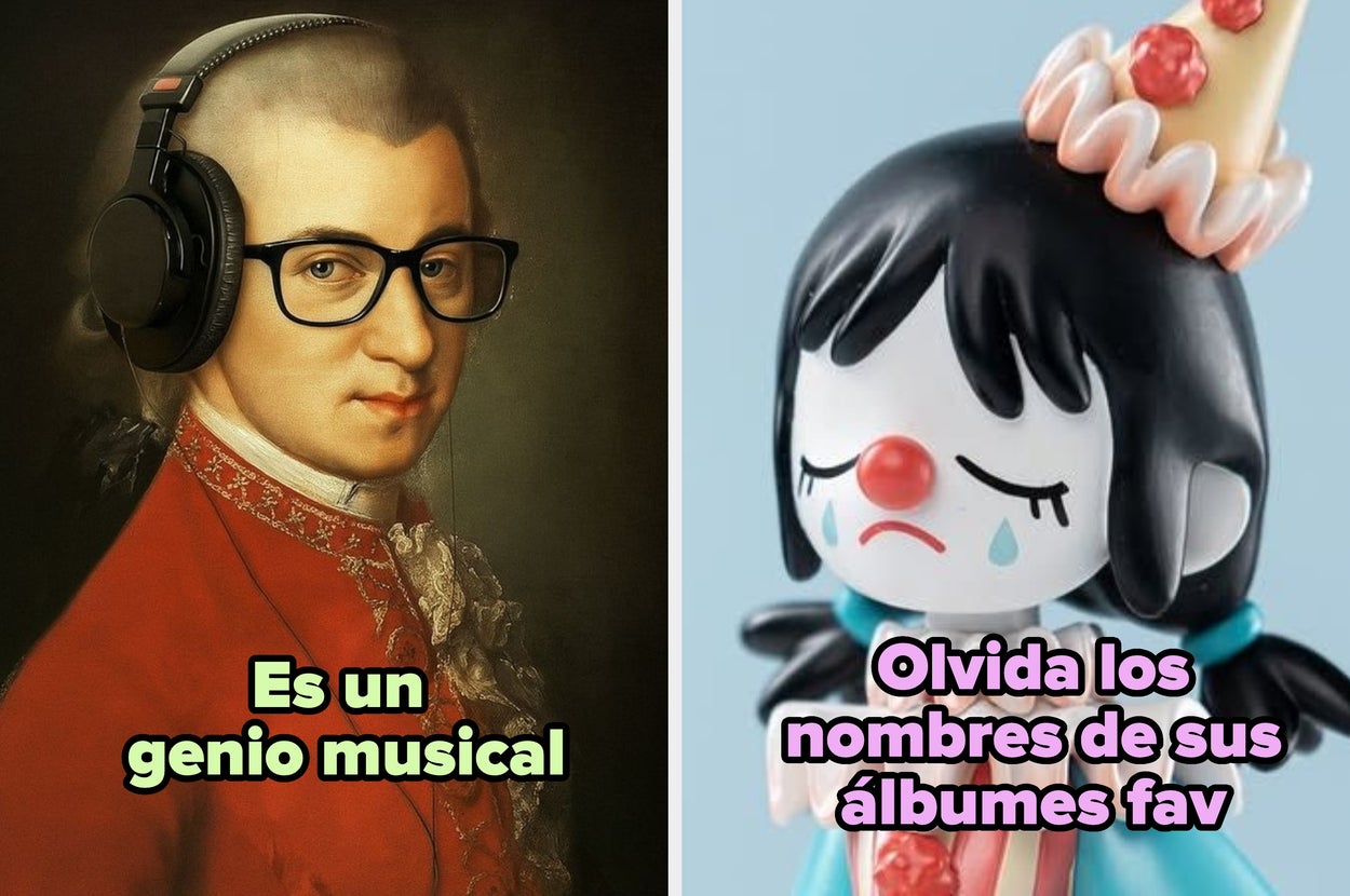 On the left, Mozart with headphones and glasses says, "Es un Genio musical." On the right, a woman with a loading symbol on her forehead says, "Olvida los nombres de sus canciones fav."