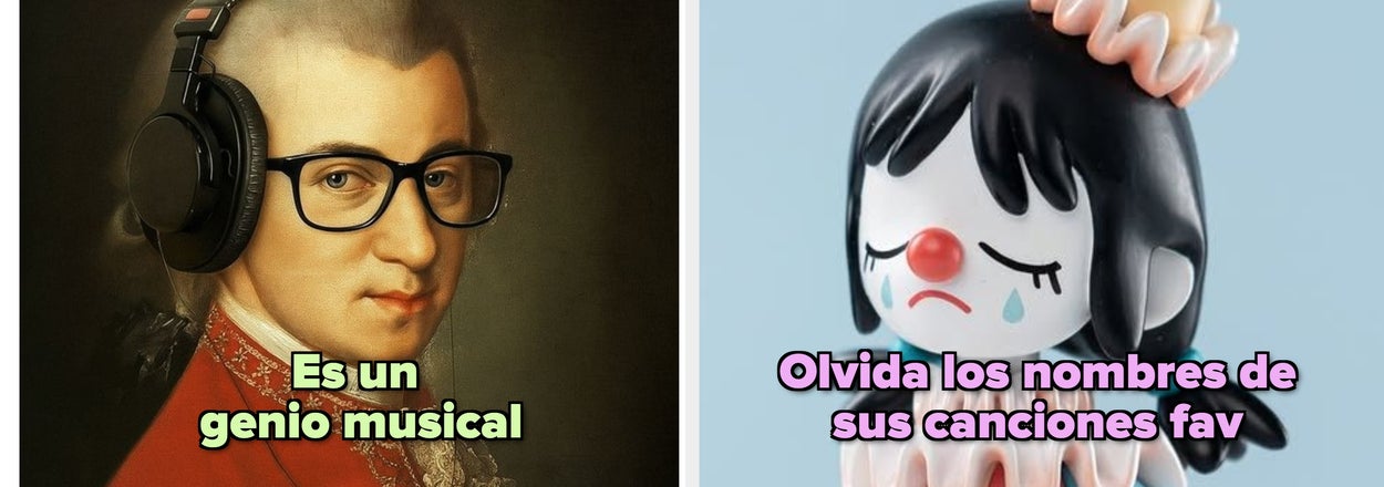 On the left, Mozart with headphones and glasses says, "Es un Genio musical." On the right, a woman with a loading symbol on her forehead says, "Olvida los nombres de sus canciones fav."