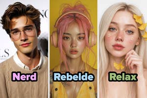 Tres paneles de fotos de personas con estilos distintivos: nerd con gafas, gamer con audífonos y flores, y relajada con cabello suelto y deco facial