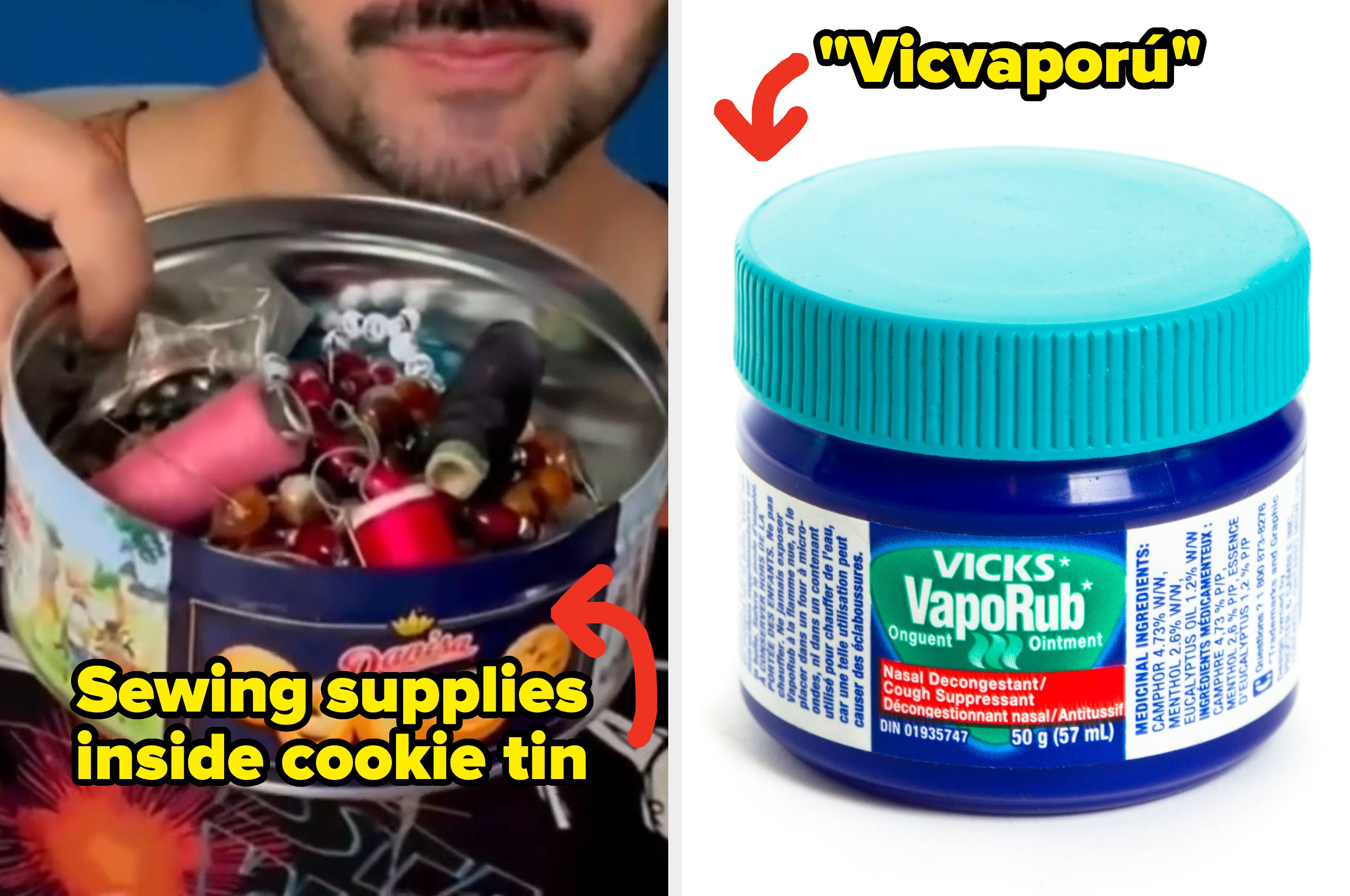 Person holding a tin filled with sewing supplies next to a jar of Vicks VapoRub