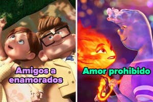 Izquierda: Personajes animados mirando el cielo. Derecha: Personajes animados diferentes con etiqueta "Amor prohibido"