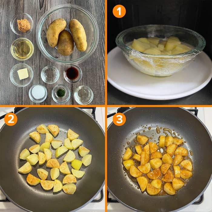 じゃがいもの調理手順を示す4コマ画像。1. レンジで加熱、2. フライパンで焼く、3. 調味料で煮る。