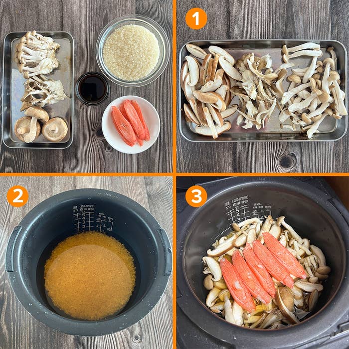 炊飯器でキノコとカニの炊き込みご飯を準備する手順を3ステップで示しているコラージュ画像。