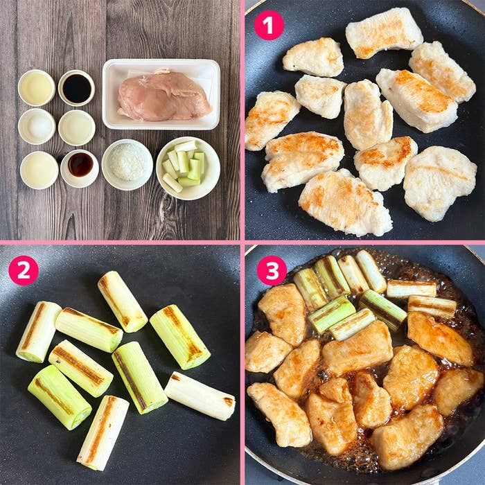 鶏むね肉と長ネギの照り焼きレシピの手順を示す4枚の画像: 材料準備、鶏むね肉と長ネギを炒め、甘辛いたれで煮る。
