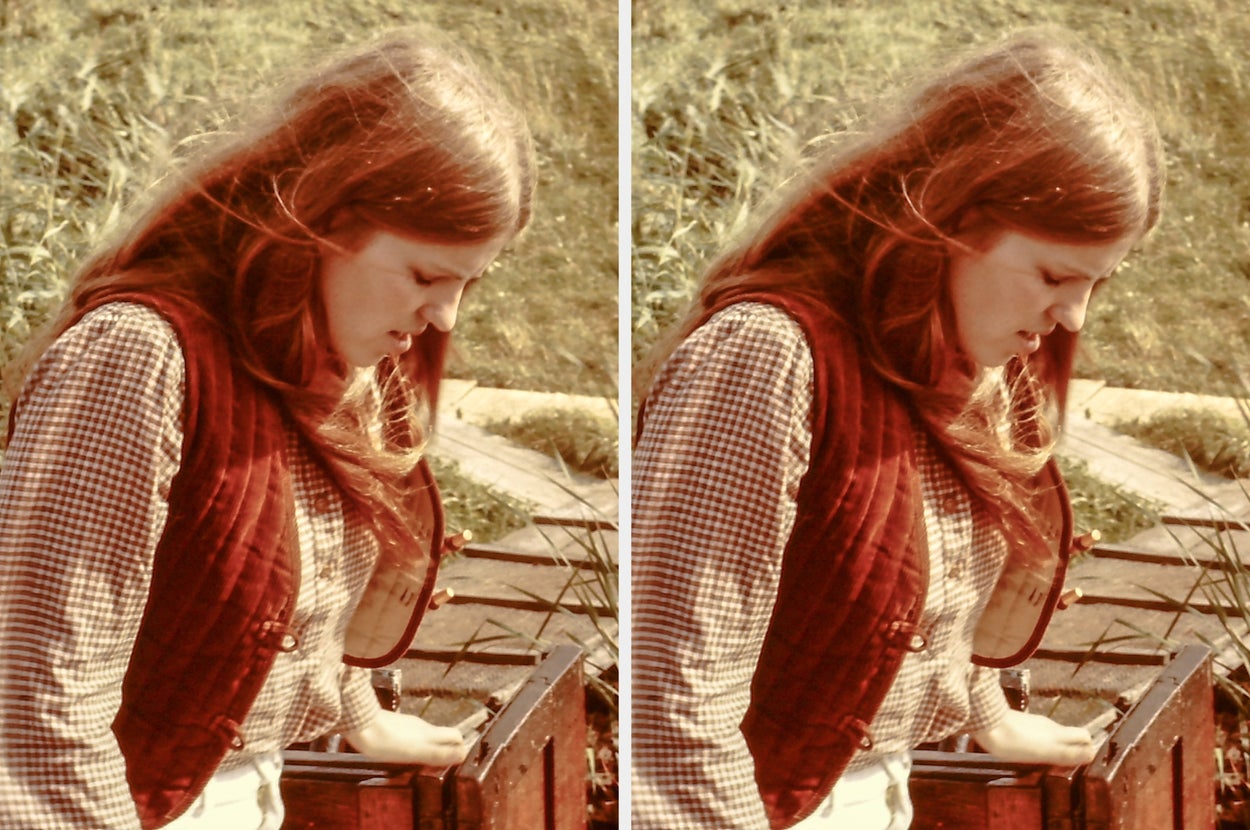 A split image showing a young woman with long hair, wearing a plaid shirt and vest, looking down thoughtfully in an outdoor setting