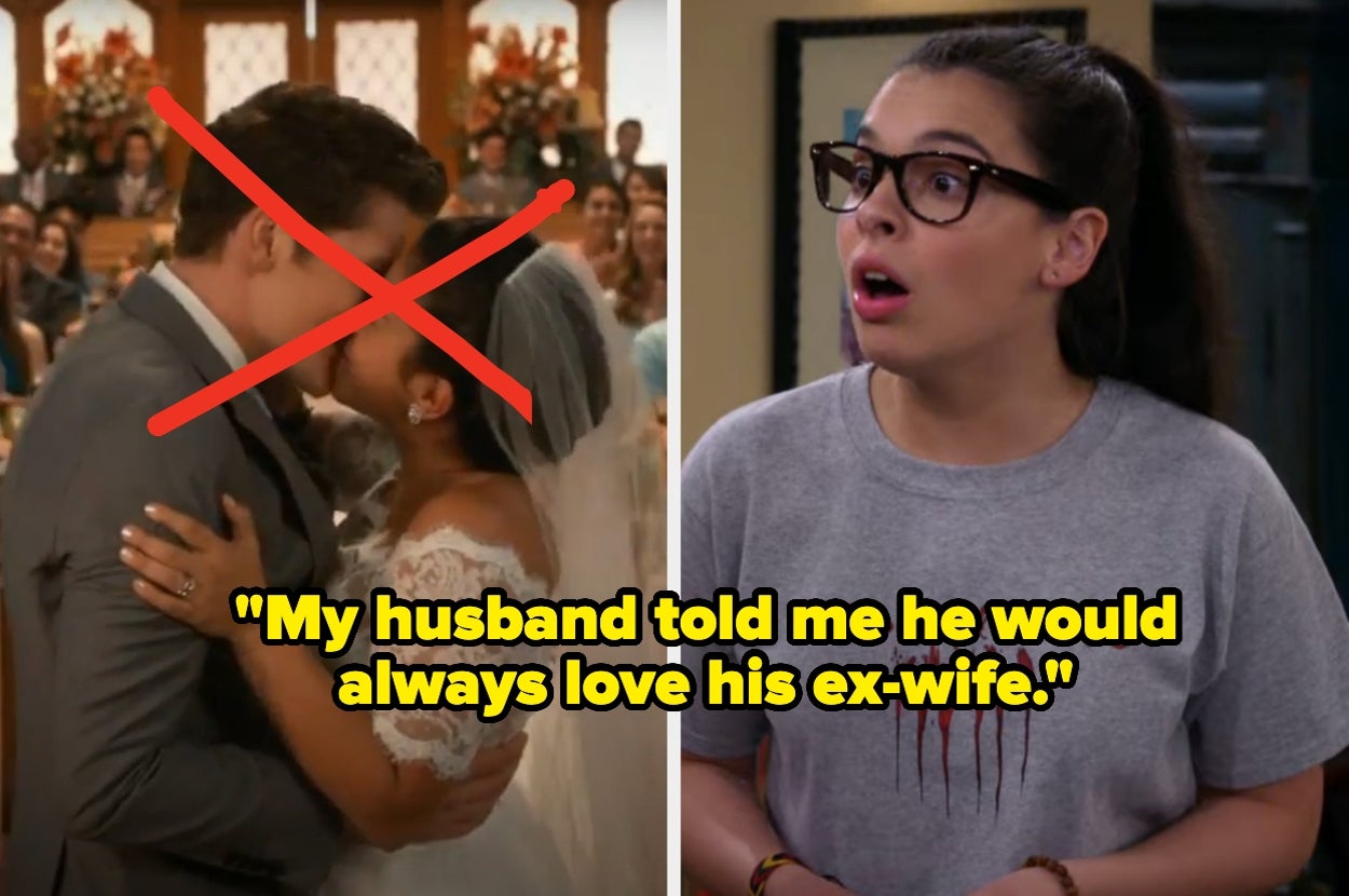 Split image: Left shows a bride and groom kissing with a red X over them; right shows a shocked woman in glasses and casual attire. Text: "My husband told me he would always love his ex-wife."
