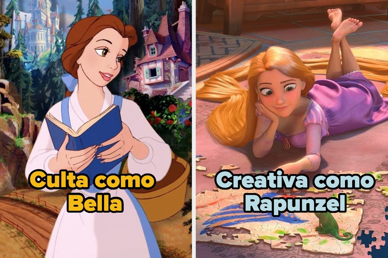 Belle reads a book; caption says "Cultured like Belle." Rapunzel paints; caption says "Creative like Rapunzel."