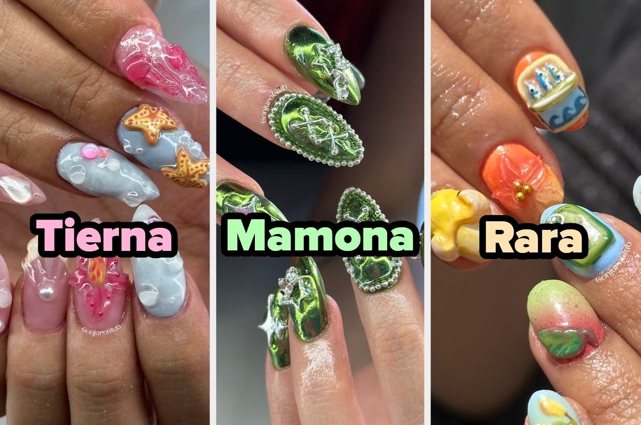 Primer plano de uñas decoradas con perlas, estrellas, flores y detalles en 3D, con las palabras "Tierna", "Mamona" y "Rara" sobre cada estilo