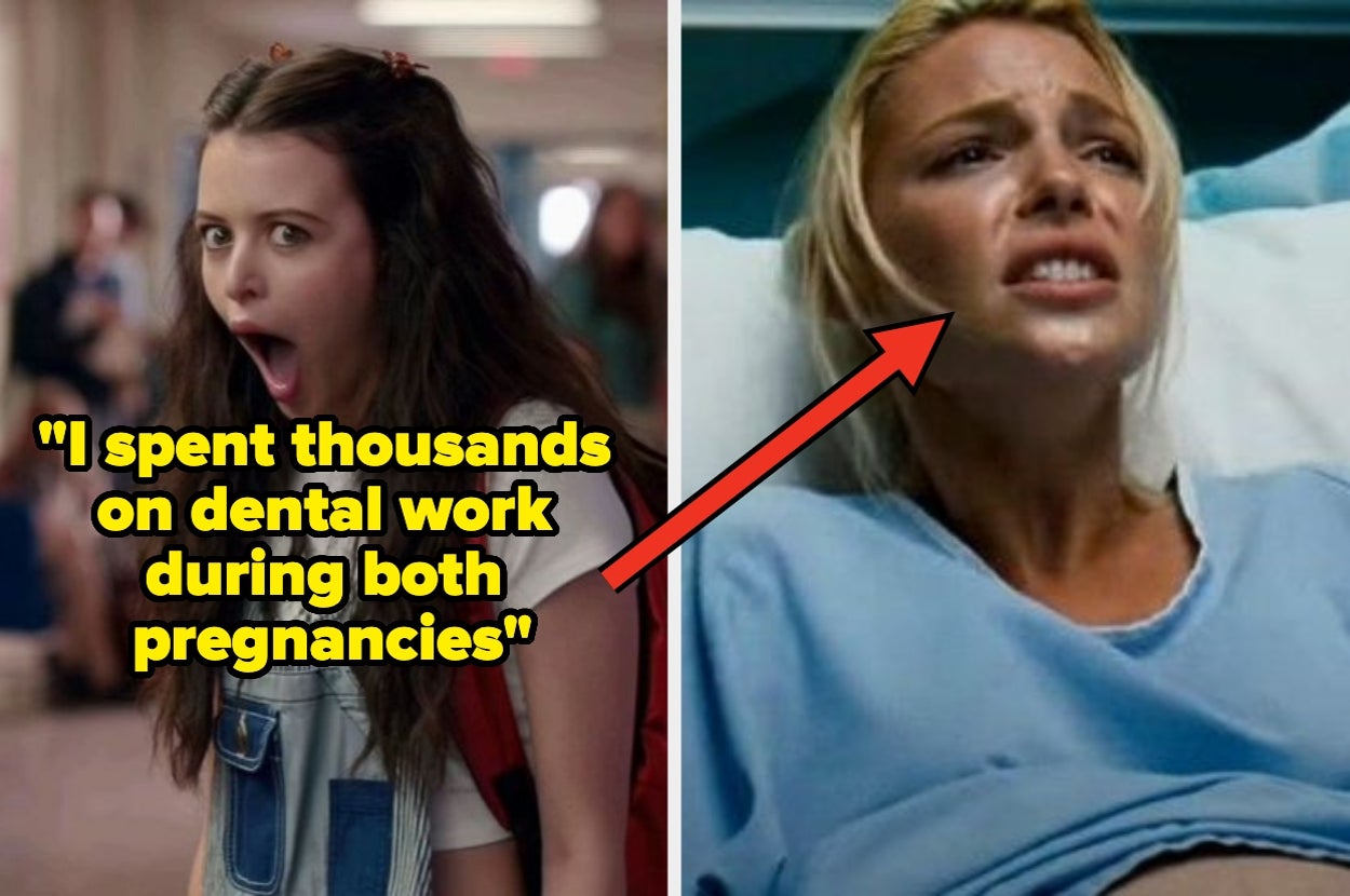 Two scenes: A surprised woman in a hallway; a worried woman in a hospital bed. Text: "I spent thousands on dental work during both pregnancies."